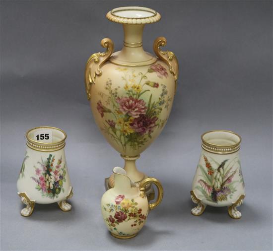 A Royal Worcester blush ivory vase and a jug and a pair of Royal Worcester ivory ground vases tallest 31.5cm